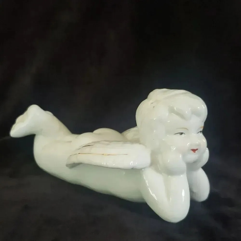 Adorable Vintage Porcelain Angel Lying on Stomach Leaning Chin on Hands 7.5